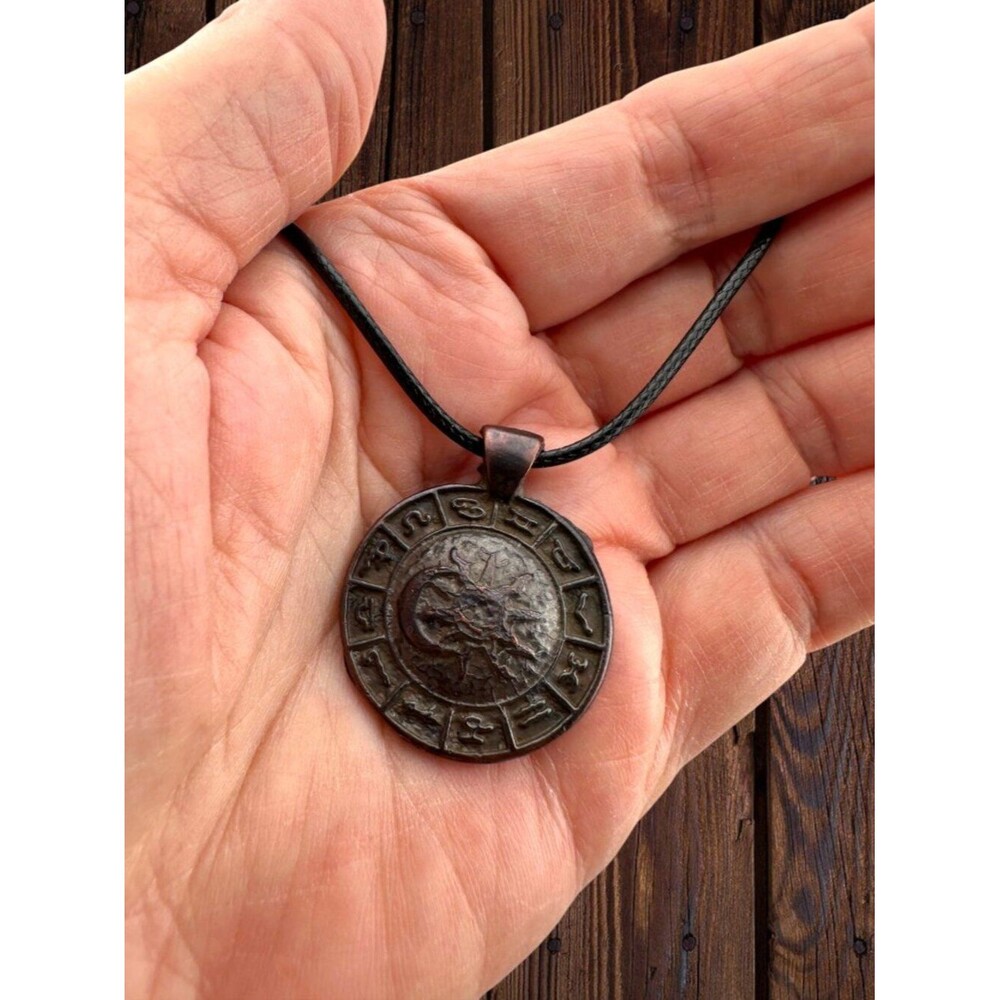 Greek Zodiac Necklace Bronze Ancient Coin Replica Black Cord Handmade Unisex